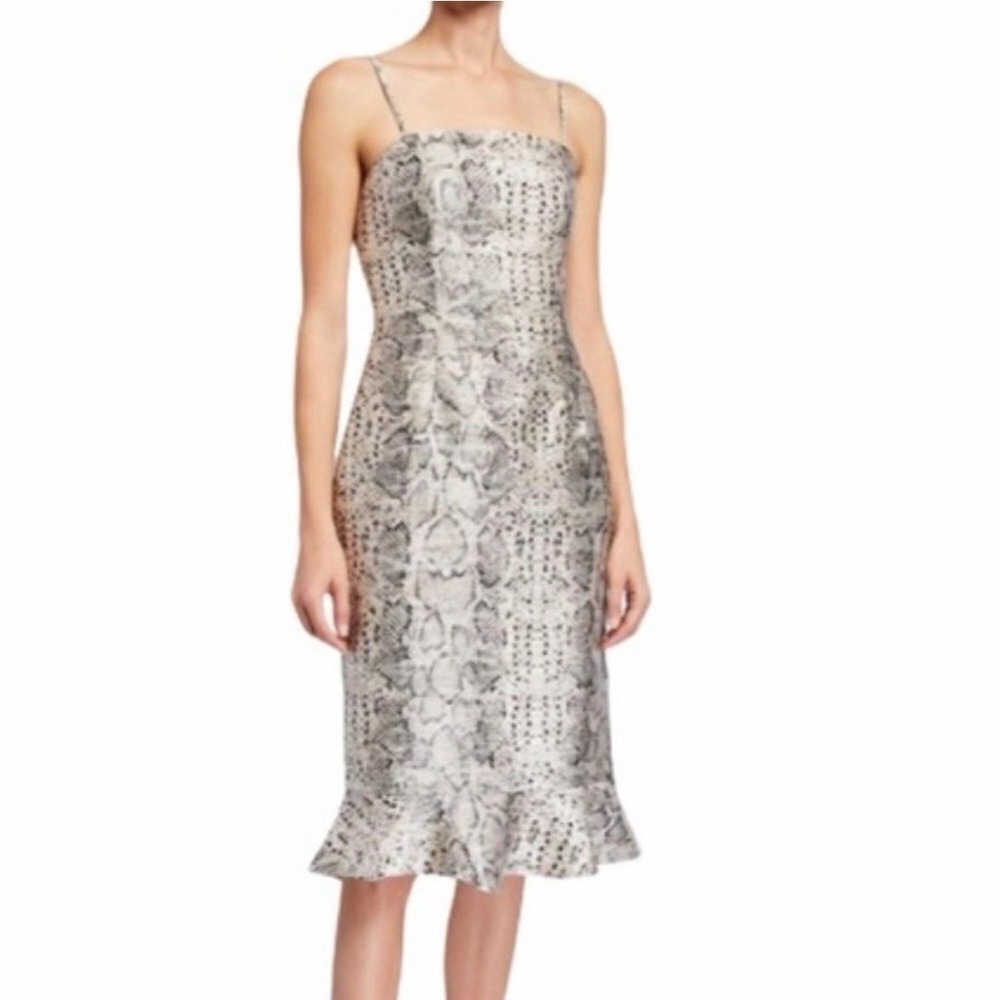 Hutch Etta Dress Sz 8 Snakeskin Midi Bodycon Ruffle Black Gold Glam